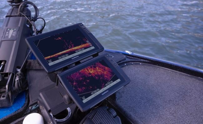 Garmin chartplotter on the bow of a bassboat.